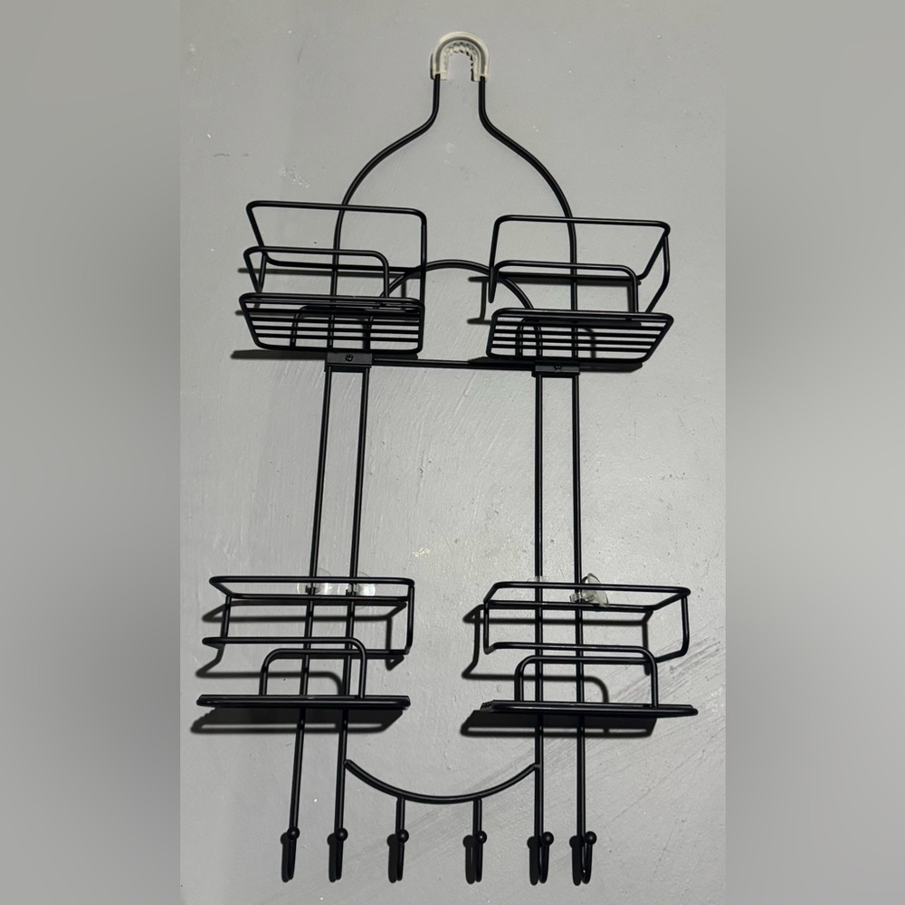 Black Over-the-Shower Caddy with Multiple Shelves and Hooks